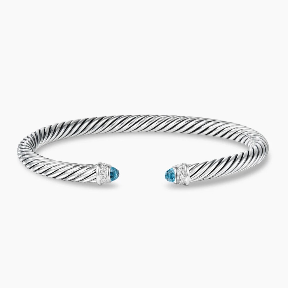 David Yurman Classic Cable Bracelet Sterling Silver w/ Blue Topaz & Diamonds 5mm